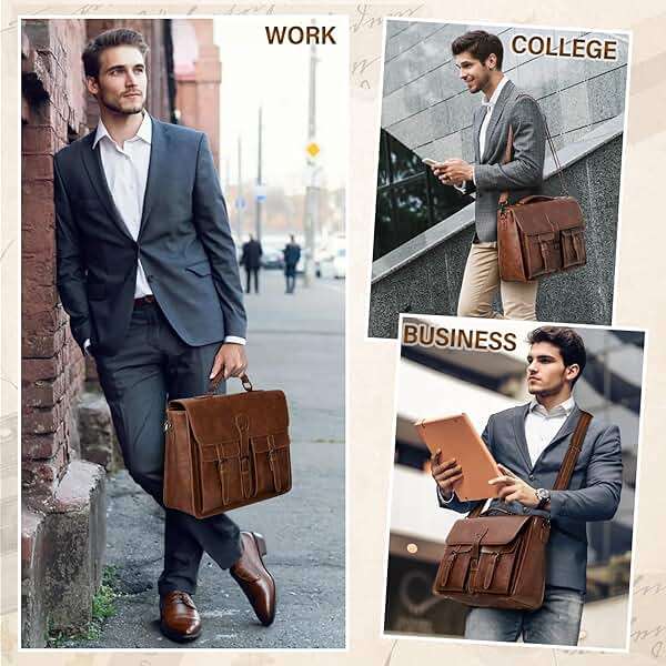 RAINSMORE Messenger Bag for Men 15.6 Inch Leather Vintage Laptop Briefcase Large Laptop Bag Waterproof Satchel Bag Computer Shoulder Bag for Office Work Travel College, Brown - Image 2