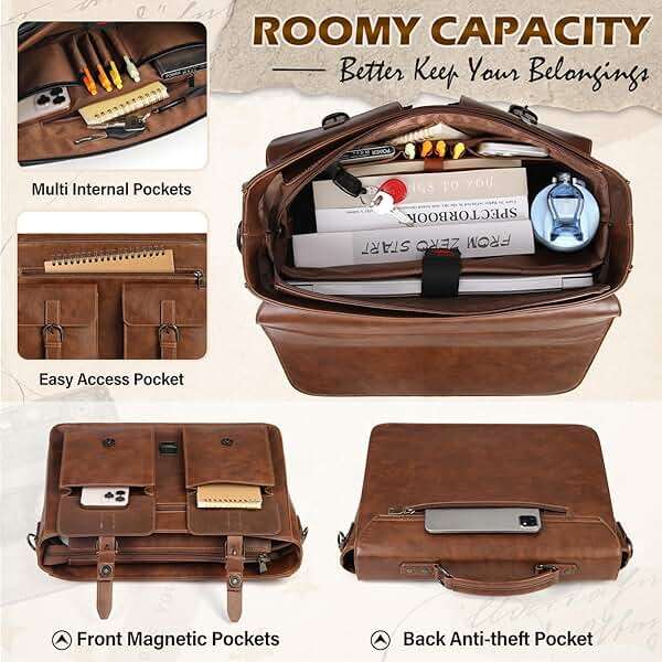 RAINSMORE Messenger Bag for Men 15.6 Inch Leather Vintage Laptop Briefcase Large Laptop Bag Waterproof Satchel Bag Computer Shoulder Bag for Office Work Travel College, Brown - Image 3