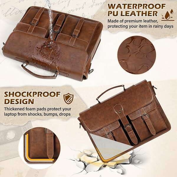 RAINSMORE Messenger Bag for Men 15.6 Inch Leather Vintage Laptop Briefcase Large Laptop Bag Waterproof Satchel Bag Computer Shoulder Bag for Office Work Travel College, Brown - Image 4