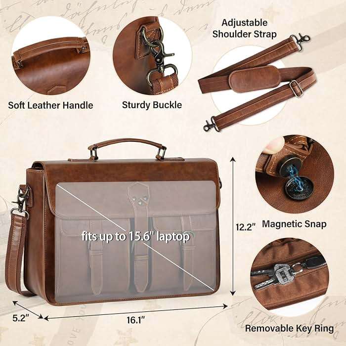 RAINSMORE Messenger Bag for Men 15.6 Inch Leather Vintage Laptop Briefcase Large Laptop Bag Waterproof Satchel Bag Computer Shoulder Bag for Office Work Travel College, Brown - Image 5