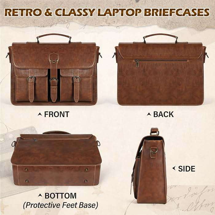 RAINSMORE Messenger Bag for Men 15.6 Inch Leather Vintage Laptop Briefcase Large Laptop Bag Waterproof Satchel Bag Computer Shoulder Bag for Office Work Travel College, Brown - Image 6