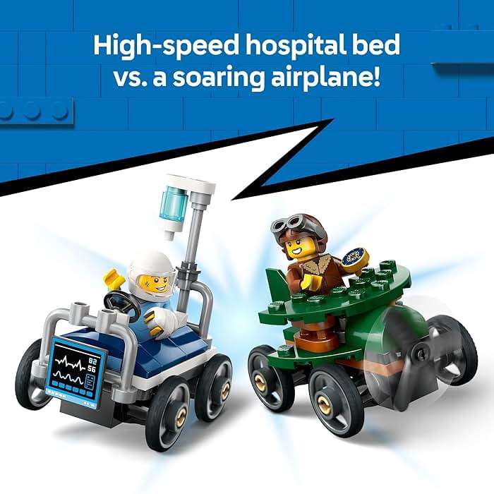 LEGO City Airplane vs. Hospital Bed Race Car Pack Toy - Building Toy for Kids, Boys and Girls, Ages 5+ - Gift for Birthdays and Holidays - Includes 2 Minifigures - 60459 - Image 3