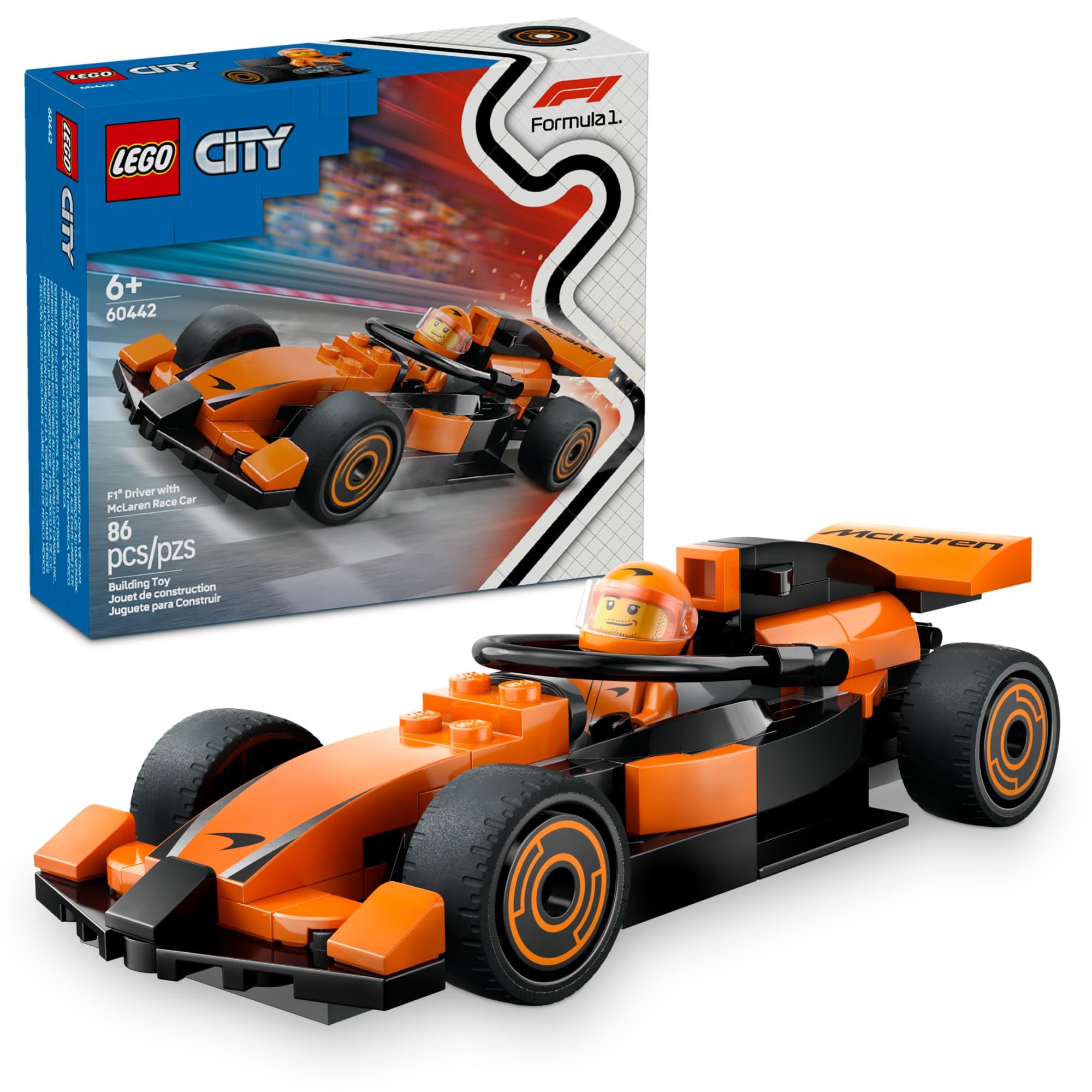LEGO City F1 Driver with McLaren Race Car Toy - Model Car Building Toy Kit for Kids, Boys and Girls, Ages 6+ - F1 Collectible for Fans - with a Driver Minifigure - Gift Idea for Birthdays - 60442 - Product Image