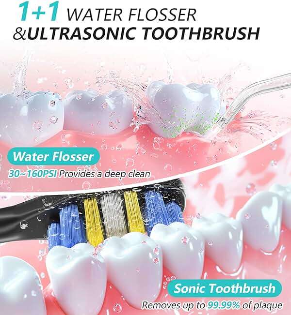 Professional Water Flosser & Electric Toothbrush Combo, 600ML Home Use Oral Irrigator for 10 Adjustable Water Pressure, 2 Cleaning Modes, 1+1 Brushing & Flossing for Complete Oral Care - Image 2