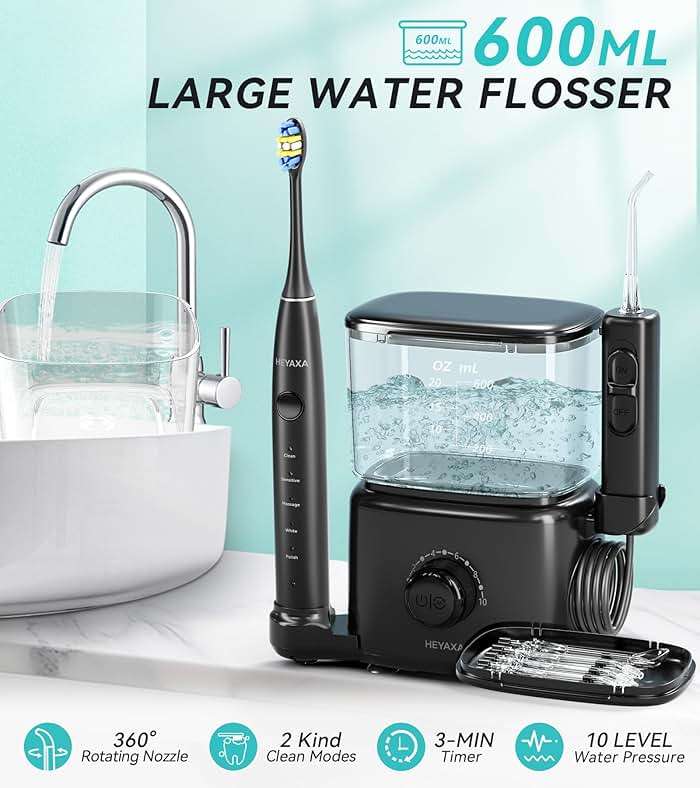 Professional Water Flosser & Electric Toothbrush Combo, 600ML Home Use Oral Irrigator for 10 Adjustable Water Pressure, 2 Cleaning Modes, 1+1 Brushing & Flossing for Complete Oral Care - Image 3