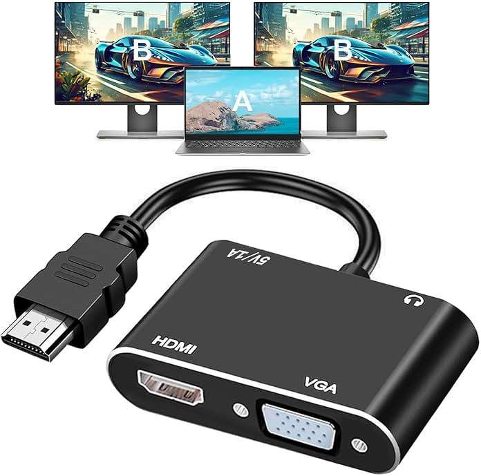 AKWOR HDMI to VGA+HDMI Adapter for Dual Monitor, HDMI to VGA & HDMI Splitter 1 to 2,1080P@60HZ Full HD Display Video Converter Compaitble with Windows/Mac Os/Linux, Plug & Play - Image 1