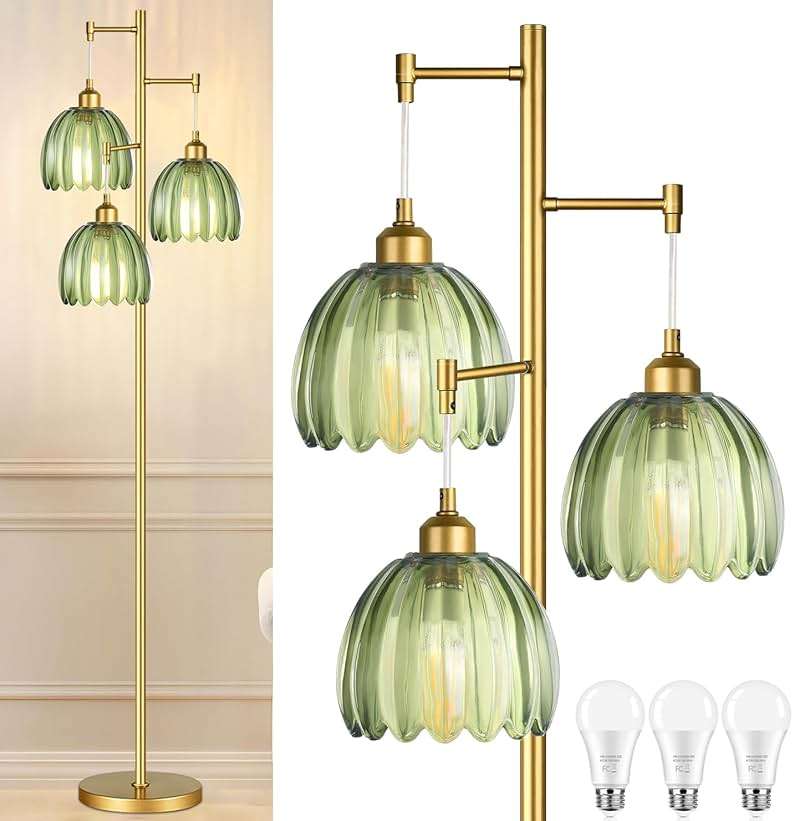 QIYIZM Gold Floor Lamp for Living Room,Bedroom,Mid Century Modern Standing Lamp Brass Tree 3 Light Tall Floor Lamps Vintage Retro Floor Lights Glass Green Flower Lamp Shade Farmhouse Boho Bohemian - Image 1