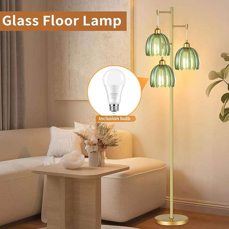QIYIZM Gold Floor Lamp for Living Room,Bedroom,Mid Century Modern Standing Lamp Brass Tree 3 Light Tall Floor Lamps Vintage Retro Floor Lights Glass Green Flower Lamp Shade Farmhouse Boho Bohemian - Image 3