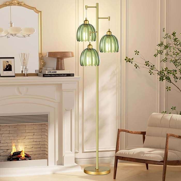 QIYIZM Gold Floor Lamp for Living Room,Bedroom,Mid Century Modern Standing Lamp Brass Tree 3 Light Tall Floor Lamps Vintage Retro Floor Lights Glass Green Flower Lamp Shade Farmhouse Boho Bohemian - Image 4