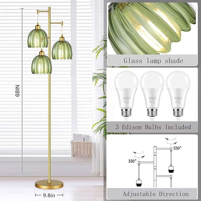 QIYIZM Gold Floor Lamp for Living Room,Bedroom,Mid Century Modern Standing Lamp Brass Tree 3 Light Tall Floor Lamps Vintage Retro Floor Lights Glass Green Flower Lamp Shade Farmhouse Boho Bohemian - Image 5