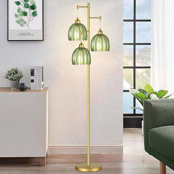 QIYIZM Gold Floor Lamp for Living Room,Bedroom,Mid Century Modern Standing Lamp Brass Tree 3 Light Tall Floor Lamps Vintage Retro Floor Lights Glass Green Flower Lamp Shade Farmhouse Boho Bohemian - Image 6