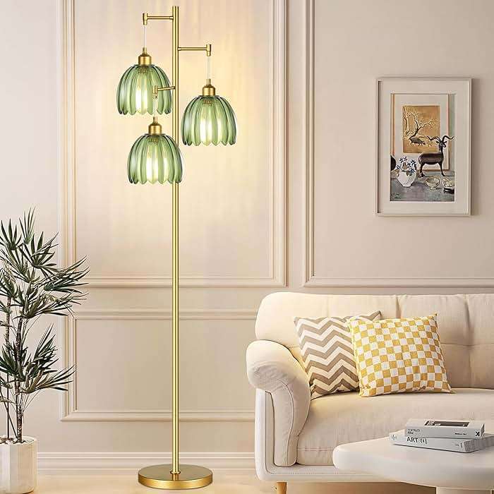 QIYIZM Gold Floor Lamp for Living Room,Bedroom,Mid Century Modern Standing Lamp Brass Tree 3 Light Tall Floor Lamps Vintage Retro Floor Lights Glass Green Flower Lamp Shade Farmhouse Boho Bohemian - Image 7