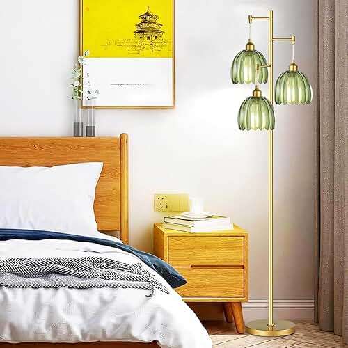 QIYIZM Gold Floor Lamp for Living Room,Bedroom,Mid Century Modern Standing Lamp Brass Tree 3 Light Tall Floor Lamps Vintage Retro Floor Lights Glass Green Flower Lamp Shade Farmhouse Boho Bohemian - Image 8