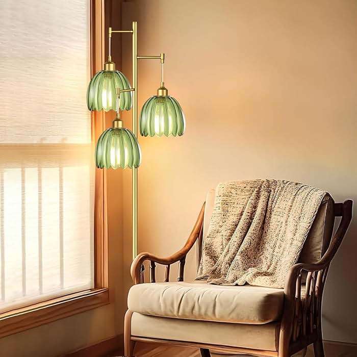 QIYIZM Gold Floor Lamp for Living Room,Bedroom,Mid Century Modern Standing Lamp Brass Tree 3 Light Tall Floor Lamps Vintage Retro Floor Lights Glass Green Flower Lamp Shade Farmhouse Boho Bohemian - Image 9