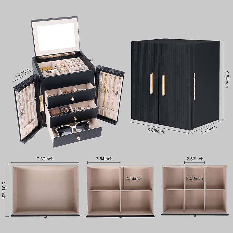 Dajasan Large Jewelry Box for Women, Jewelry Organizer Box with 3 Drawers, Jewelry Storage Organizer with Mirror for Necklace Ring Bracelet Watch, Gift Idea, 8.7 x 7.5 x 9.8 Inches (Black) - Image 3