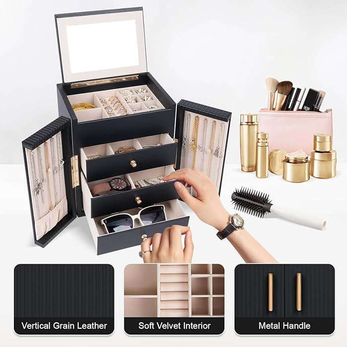 Dajasan Large Jewelry Box for Women, Jewelry Organizer Box with 3 Drawers, Jewelry Storage Organizer with Mirror for Necklace Ring Bracelet Watch, Gift Idea, 8.7 x 7.5 x 9.8 Inches (Black) - Image 5