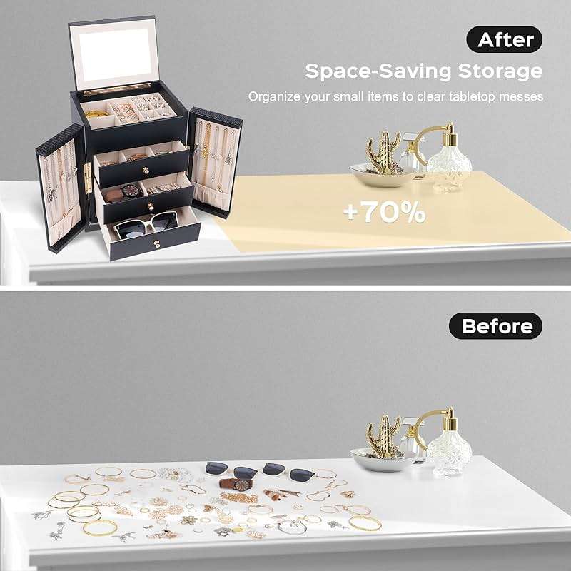 Dajasan Large Jewelry Box for Women, Jewelry Organizer Box with 3 Drawers, Jewelry Storage Organizer with Mirror for Necklace Ring Bracelet Watch, Gift Idea, 8.7 x 7.5 x 9.8 Inches (Black) - Image 7