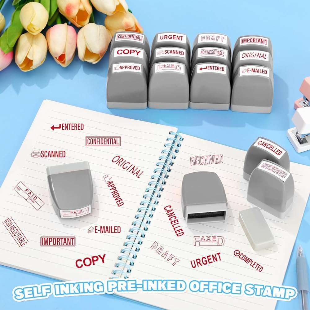 Crtiin 16 Pcs Office Stamp Set Message Self Inking Rubber Stamp Set for Office Stamps Completed Faxed Scanned Stamps for Message Supplies(Red, Grey) - Image 6