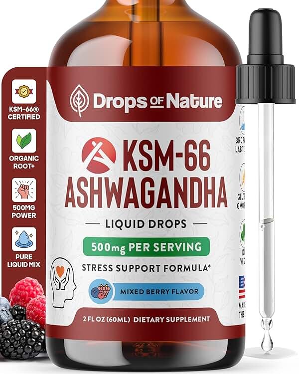 KSM-66 Ashwagandha Liquid Drops – Vegan, GMO Free & Fast Absorbing Form – Ashwagandha Supplements for Daily Wellness Support – Promotes Focus and Clarity – Supports Daily Vitality (Mixed Berry, 60ml) - Product Image