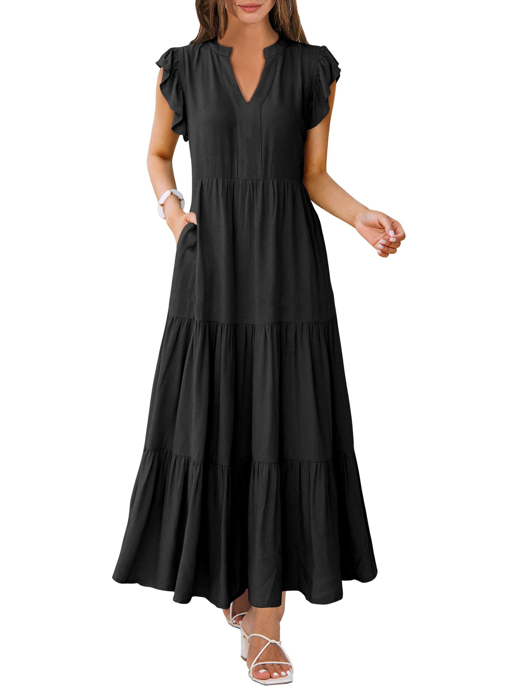 ANRABESS Womens Summer Casual Maxi Dress V Neck Ruffle Sleeve Long Dresses Fashion Flowy Tiered Boho Beach Vacation Sundress - Image 1