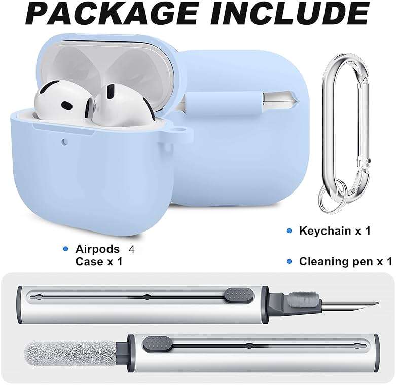 Woyinger for Airpods 4th Case Cover, Come with Cleaner Kit,Soft Skin Silicone Case Cover with Keychain, Full Protective Case for Men and Women, Compatible with AirPods 4th Generation Case,Sky Blue - Image 2