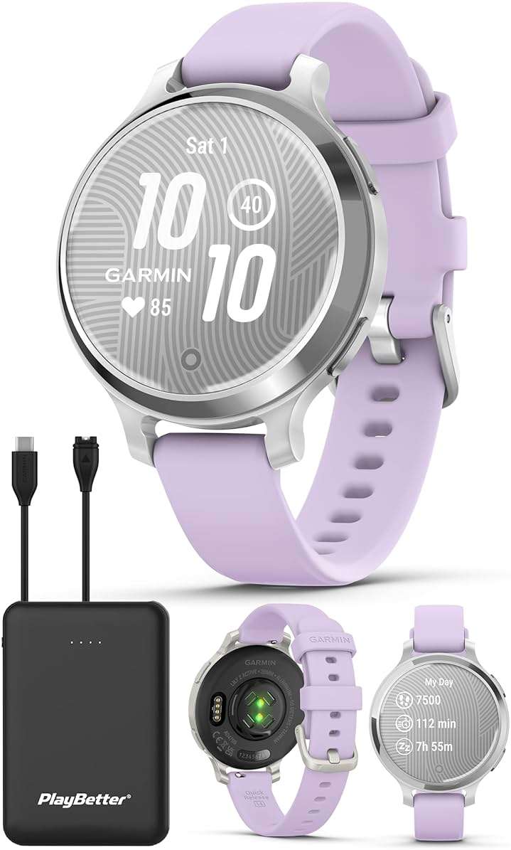 PlayBetter Garmin Lily 2 Active (Silver/Purple Jasmine) Women's Fitness Smartwatch Bundle - Bright Touchscreen Display, Built-in GPS, All-Day Health Monitoring, 9 Days Battery Portable Charger - Image 1