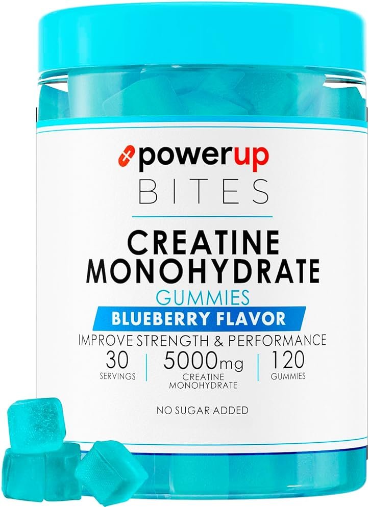 PowerUp Bites Creatine Monohydrate Gummies Blueberry for Men & Women, 100% Creatine Blueberry Gummies, 5g per Serving + Vegan, Sugar Free + Strength, Energy, Muscle & Booty Gain - 120 Count - Product Image