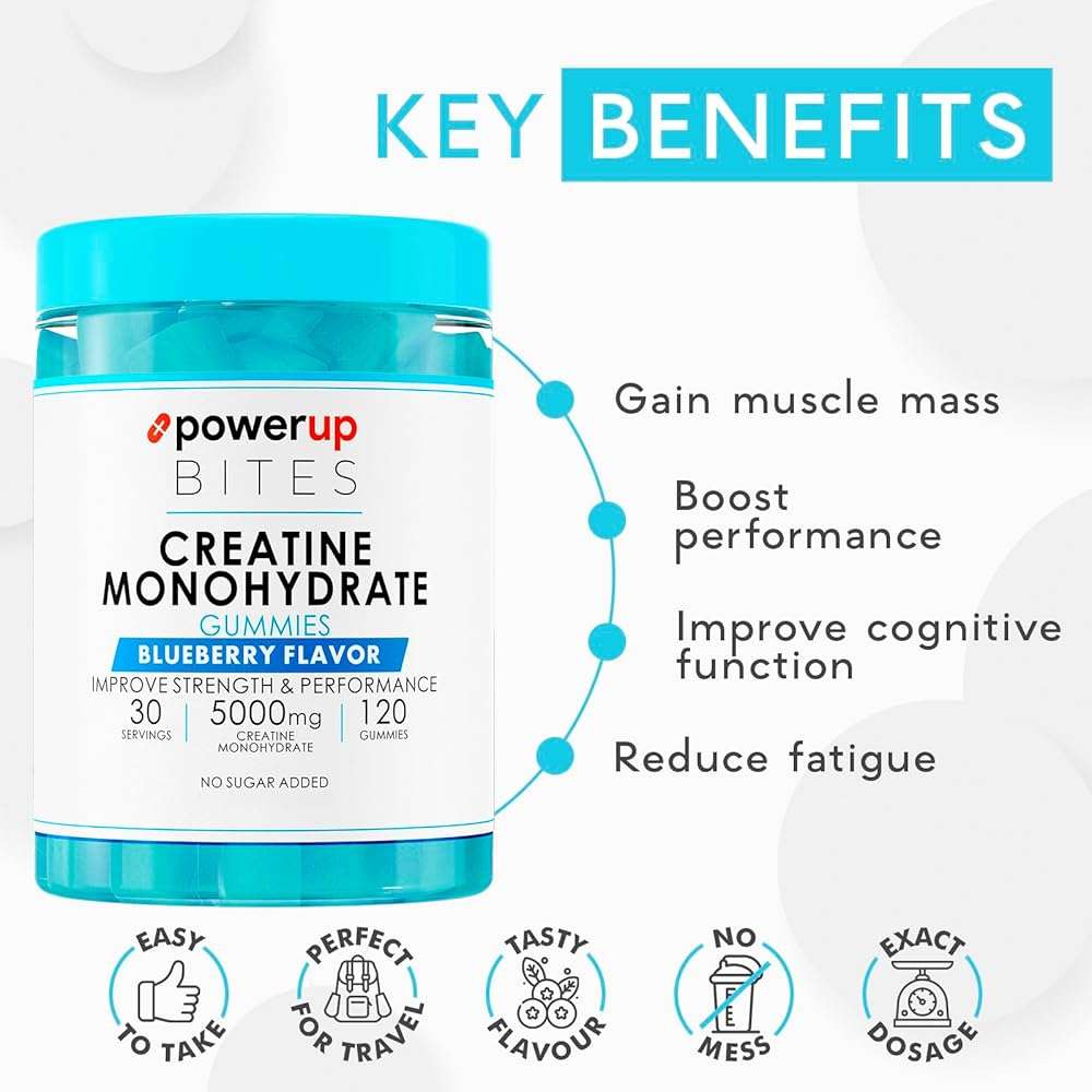 PowerUp Bites Creatine Monohydrate Gummies Blueberry for Men & Women, 100% Creatine Blueberry Gummies, 5g per Serving + Vegan, Sugar Free + Strength, Energy, Muscle & Booty Gain - 120 Count - Image 3