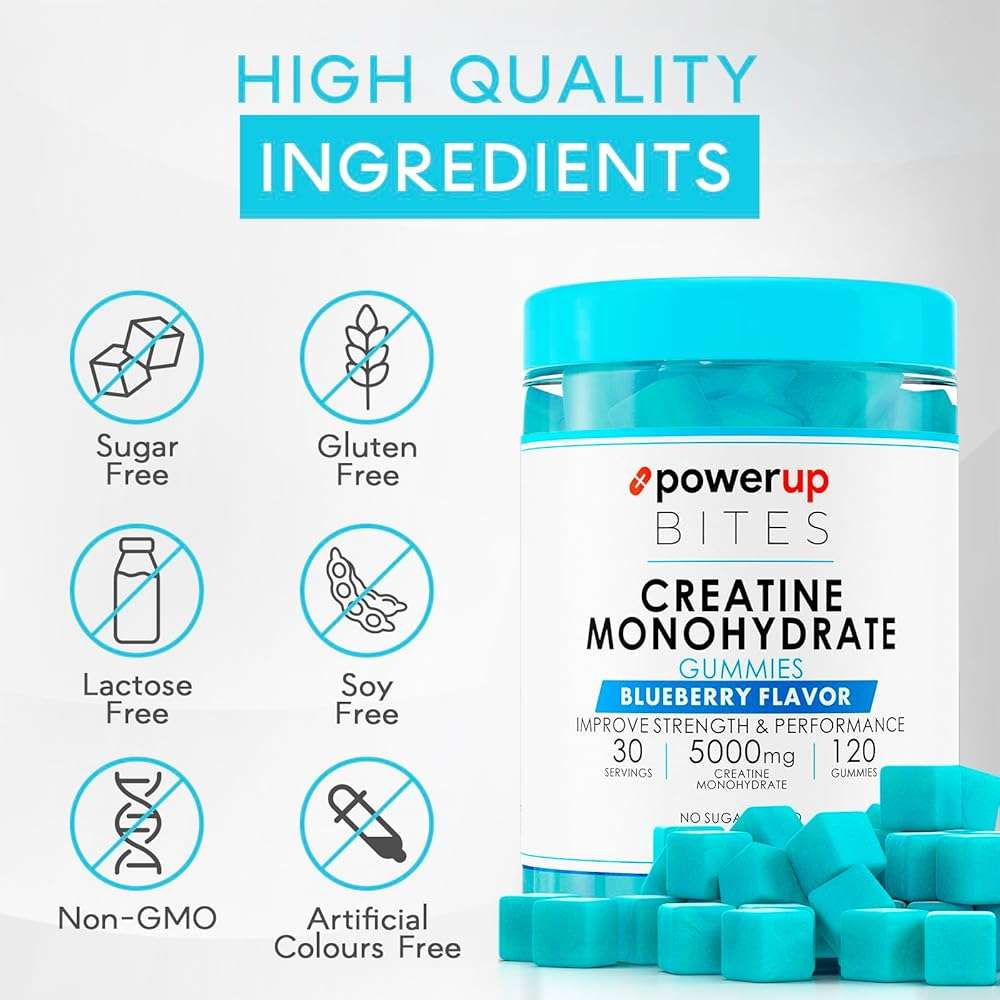 PowerUp Bites Creatine Monohydrate Gummies Blueberry for Men & Women, 100% Creatine Blueberry Gummies, 5g per Serving + Vegan, Sugar Free + Strength, Energy, Muscle & Booty Gain - 120 Count - Image 5