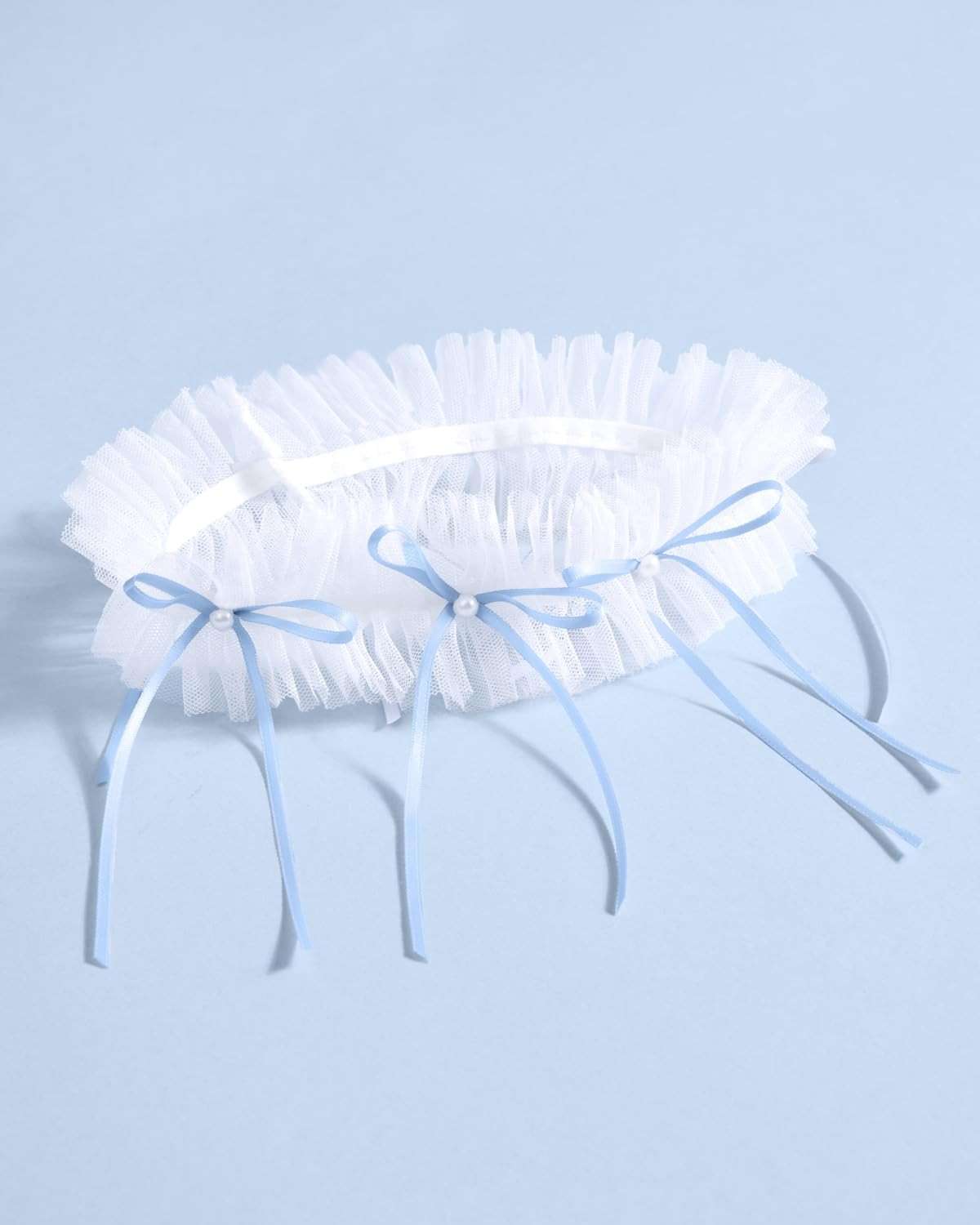 xo, Fetti White Tulle Ruffle Bridal Garter + Blue Pearl Bows | Bride to Be Accessory, Bridal Shower Outfit, Wedding Something Blue Decorations, Engagement Gift - Image 3