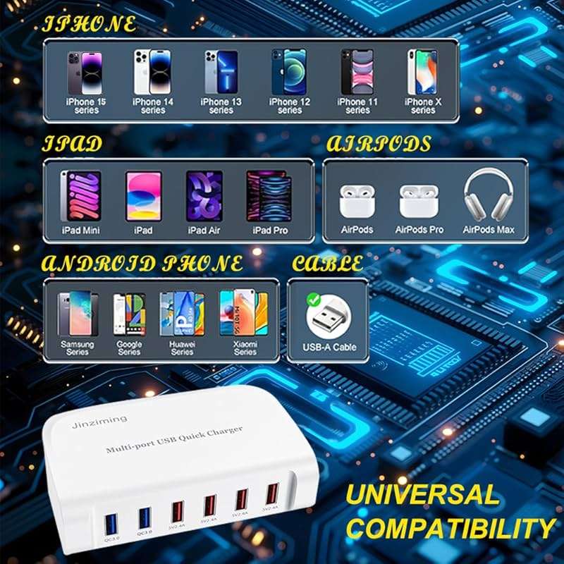USB Fast Charger, 6-Port Portable Charging Station, Suitable for Various Devices, Compatible with iPhone, iPad, Samsung, Google, Xiaomi, Huawei and Other USB Charging Devices - Image 5
