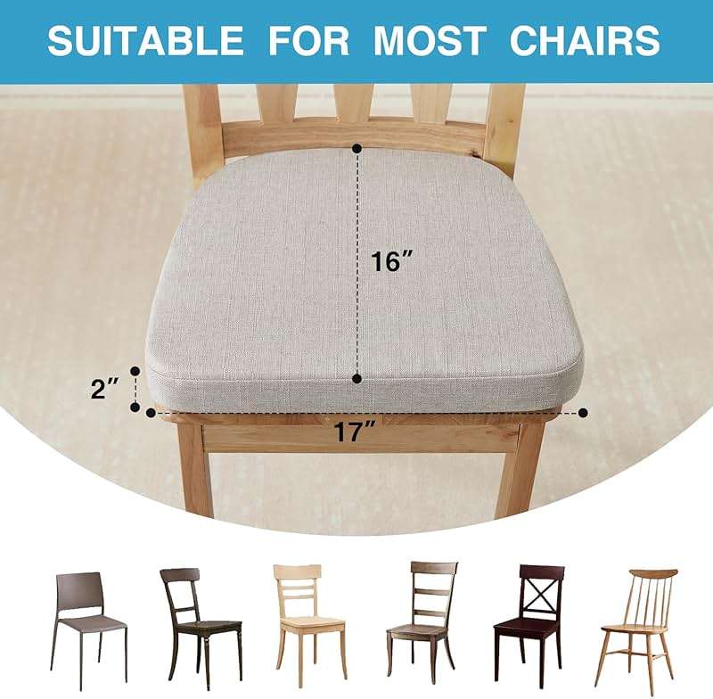 IASEAHK Chair Cushions for Dining Chairs Set of 6, Non Slip Kitchen Chair Pads, 17" x 16" x 2", Indoor Dining Chair Cushions with Ties, D-Shaped Seat Cushions for Kitchen Chairs, Beige - Image 2