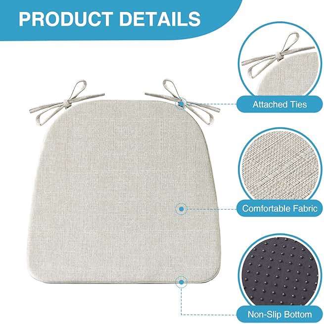 IASEAHK Chair Cushions for Dining Chairs Set of 6, Non Slip Kitchen Chair Pads, 17" x 16" x 2", Indoor Dining Chair Cushions with Ties, D-Shaped Seat Cushions for Kitchen Chairs, Beige - Image 3