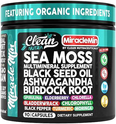 Clean Nutra Organic Sea Moss Capsules with Ashwagandha, Black Seed Oil, Burdock Root, Bladderwrack, Moringa, Chlorella, Spirulina, Turmeric, Elderberry, Amla � 90 Vegan Capsules � MiracleMin - Image 1