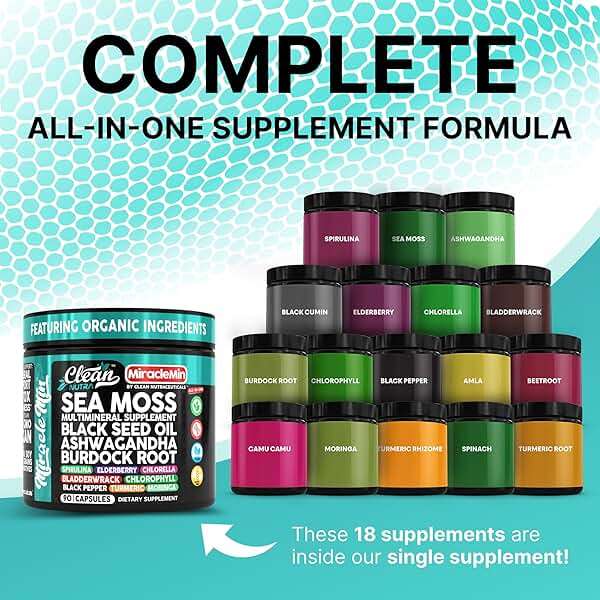 Clean Nutra Organic Sea Moss Capsules with Ashwagandha, Black Seed Oil, Burdock Root, Bladderwrack, Moringa, Chlorella, Spirulina, Turmeric, Elderberry, Amla � 90 Vegan Capsules � MiracleMin - Image 2