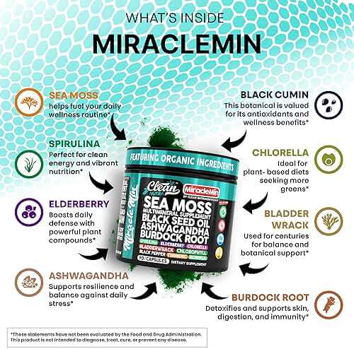 Clean Nutra Organic Sea Moss Capsules with Ashwagandha, Black Seed Oil, Burdock Root, Bladderwrack, Moringa, Chlorella, Spirulina, Turmeric, Elderberry, Amla � 90 Vegan Capsules � MiracleMin - Image 3
