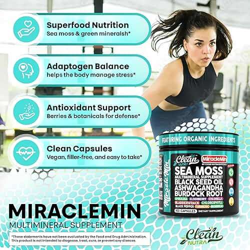 Clean Nutra Organic Sea Moss Capsules with Ashwagandha, Black Seed Oil, Burdock Root, Bladderwrack, Moringa, Chlorella, Spirulina, Turmeric, Elderberry, Amla � 90 Vegan Capsules � MiracleMin - Image 5