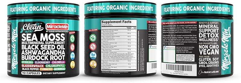 Clean Nutra Organic Sea Moss Capsules with Ashwagandha, Black Seed Oil, Burdock Root, Bladderwrack, Moringa, Chlorella, Spirulina, Turmeric, Elderberry, Amla � 90 Vegan Capsules � MiracleMin - Image 8