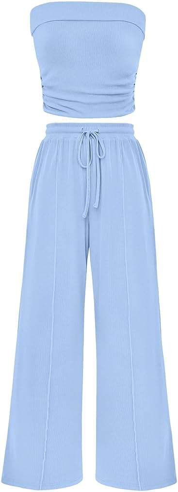 PRETTYGARDEN Womens Summer Outfits 2 Piece Sets Casual Ribbed Knit Crop Tube Top Wide Leg Pants Spring Matching Lounge Set - Image 1