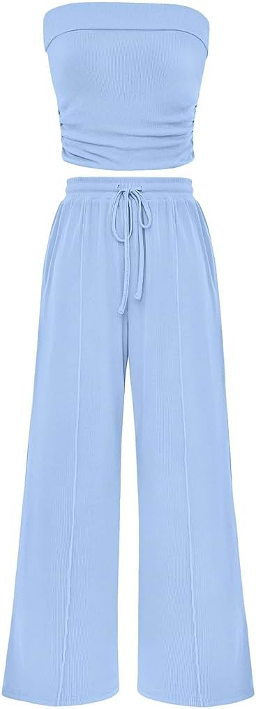 PRETTYGARDEN Womens Summer Outfits 2 Piece Sets Casual Ribbed Knit Crop Tube Top Wide Leg Pants Spring Matching Lounge Set - Product Image