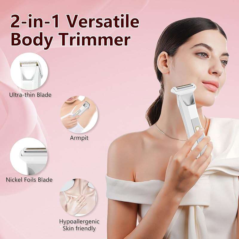 2-in-1 Electric Bikini Trimmer for Women, Dual Head Shaver for Body & Pubic Hair, Painless Smooth, No-Nick Shaving, IPX7 Waterproof, Lightweight with Travel Lock, LED Display - Image 2