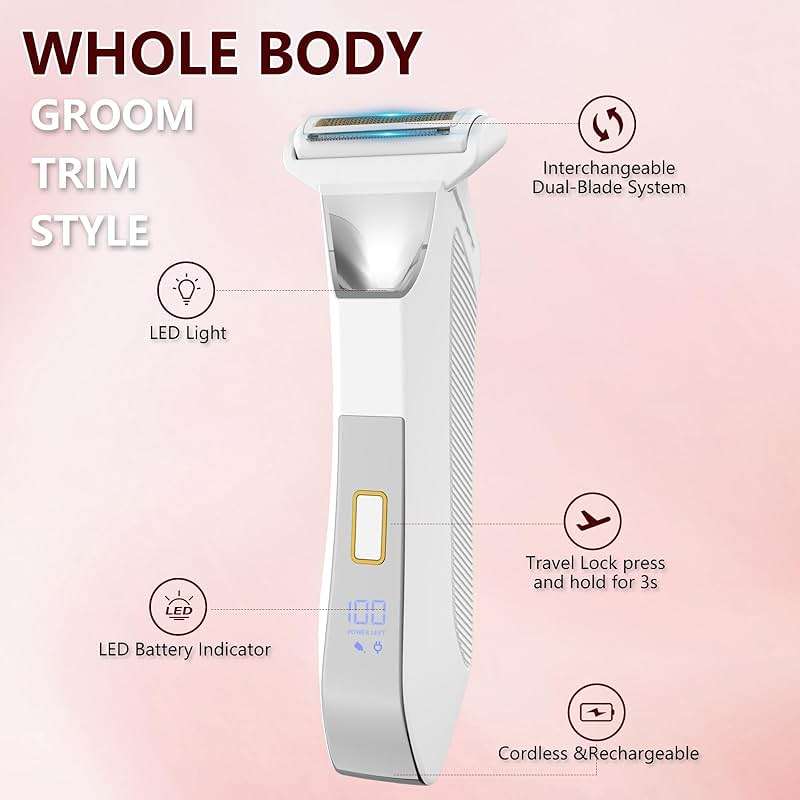 2-in-1 Electric Bikini Trimmer for Women, Dual Head Shaver for Body & Pubic Hair, Painless Smooth, No-Nick Shaving, IPX7 Waterproof, Lightweight with Travel Lock, LED Display - Image 3