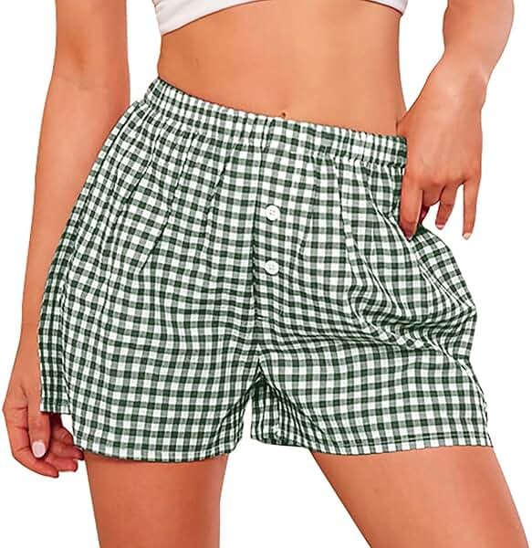 PRETTYGARDEN Shorts for Women 2026 Summer Gingham Pajamas Checkered Boxers Plaid Striped Lounge Sleep Pj Y2K Beach Shorts - Product Image