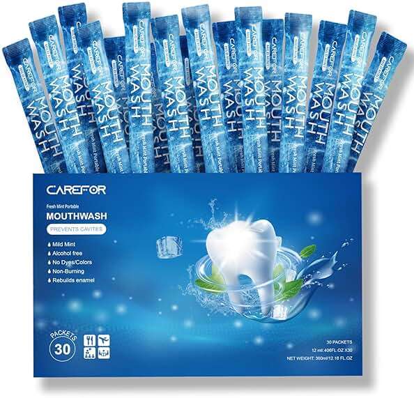 CAREFOR Mouthwash Travel Size, Portable Fresh Breath Mouthwash, Alcohol-Free, ICY Mint Flavor, Mini Pack – to Go for On-The-Go Freshness, Bulk Packets 0.41 Fl Oz (Pack of 30) - Image 1