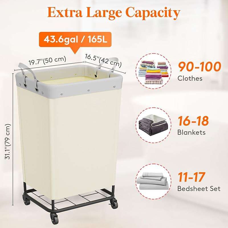 Lifewit 165L Laundry Basket with Wheels, Large Heavy Duty Commercial Rolling Laundry Hamper with Handles, Tall Steel Frame Laundry Cart for Laundry Room Bedroom Hotel Home Dorm, White - Image 3