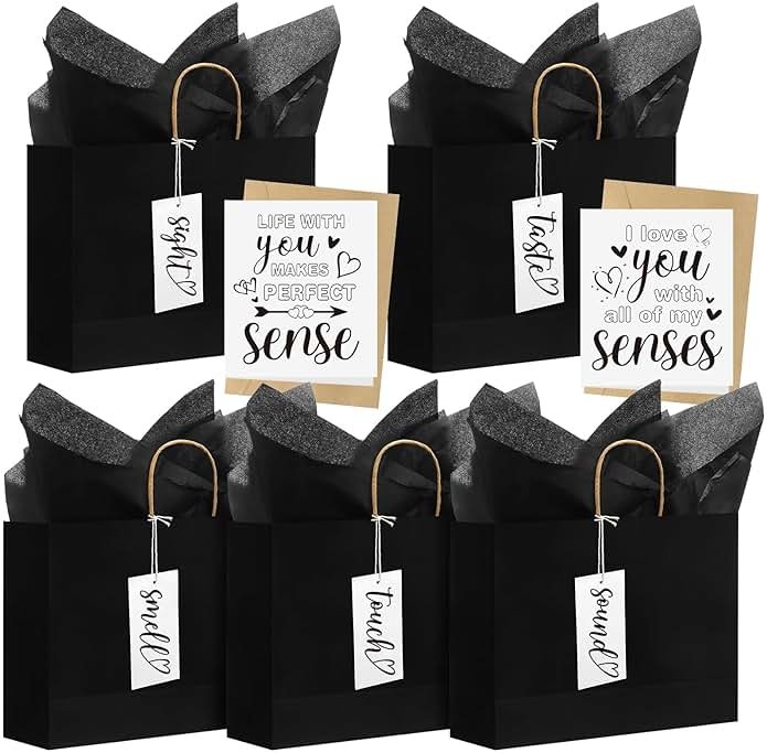 Kolldenn 5 Senses Gift Bags for Him or Her with 5 Sense Tag Kraft Paper Bags 12.6x4.3x9.8'' Sight Smell Touch Taste Sound Five Sense Bag Tissue Paper for Wedding Anniversary Father's Day(Black) - Product Image