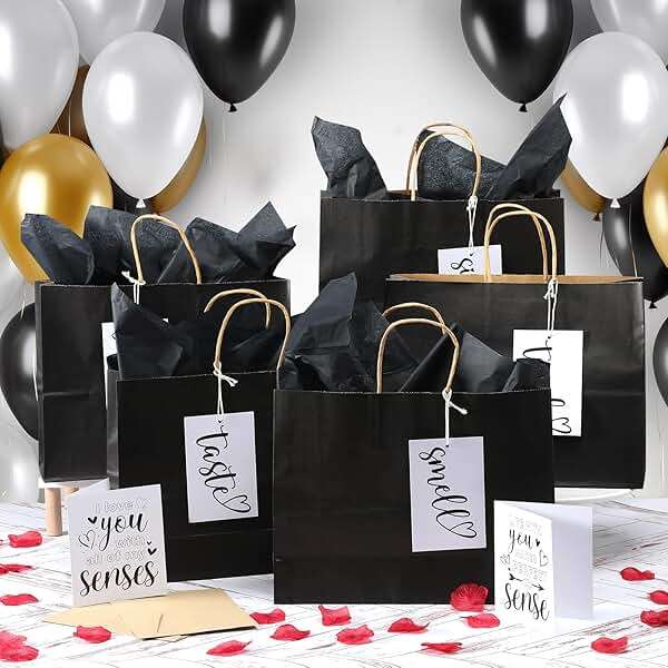 Kolldenn 5 Senses Gift Bags for Him or Her with 5 Sense Tag Kraft Paper Bags 12.6x4.3x9.8'' Sight Smell Touch Taste Sound Five Sense Bag Tissue Paper for Wedding Anniversary Father's Day(Black) - Image 5