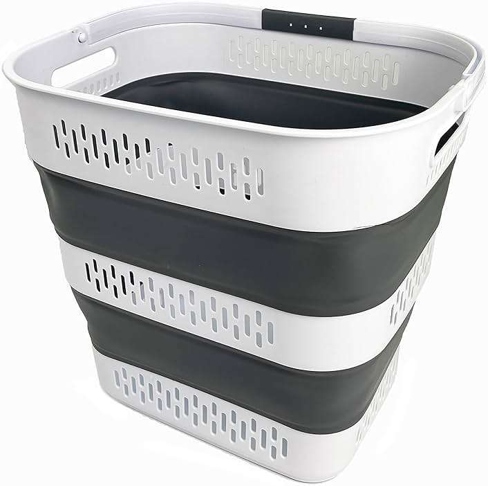 SAMMART 40L (10.5 Gallon) Collapsible Plastic Laundry Basket with Handles - Foldable Pop Up Storage Container/Organizer - Portable Laundry Hamper - Space Saving (1, White/Steel Grey) - Image 1