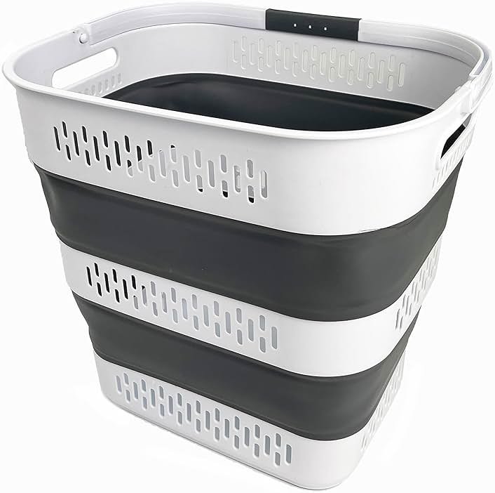 SAMMART 40L (10.5 Gallon) Collapsible Plastic Laundry Basket with Handles - Foldable Pop Up Storage Container/Organizer - Portable Laundry Hamper - Space Saving (1, White/Steel Grey) - Product Image