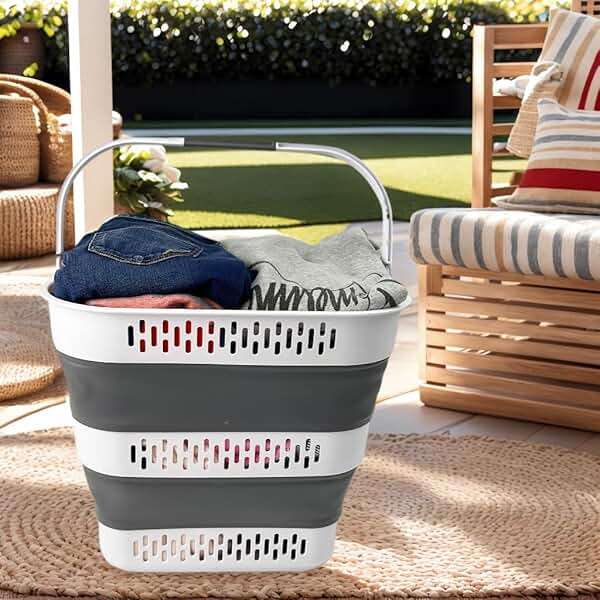 SAMMART 40L (10.5 Gallon) Collapsible Plastic Laundry Basket with Handles - Foldable Pop Up Storage Container/Organizer - Portable Laundry Hamper - Space Saving (1, White/Steel Grey) - Image 2